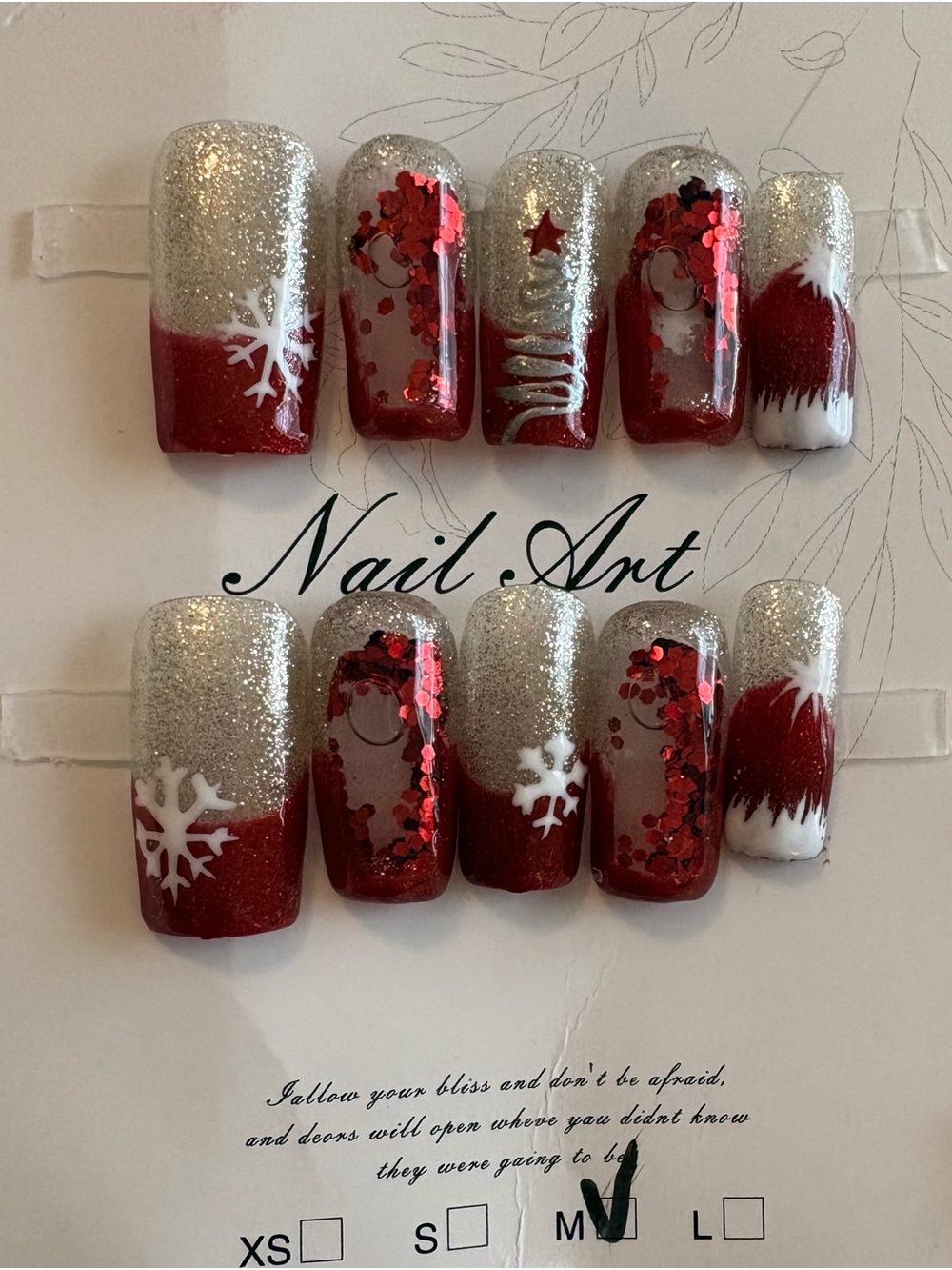 Christmas Glitter Press-On Nails| Red & Silver Snowflake Holiday Nail Set